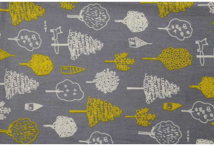 Tissu Popeline Coton Imprimé Arbre Gris -Au Mètre