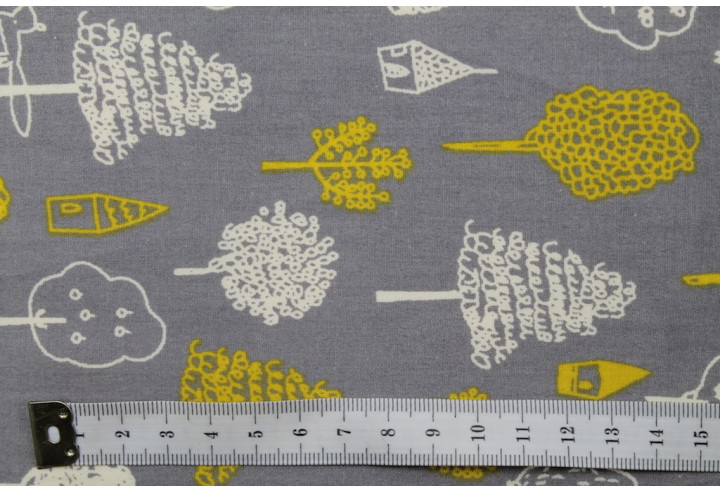 Tissu Popeline Coton Imprimé Arbre Gris -Au Mètre