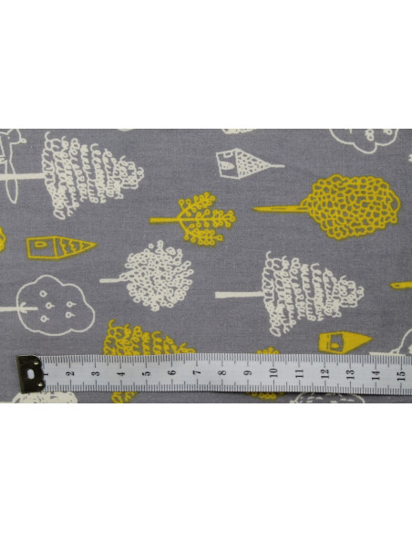 Tissu Popeline Coton Imprimé Arbre Gris -Au Mètre
