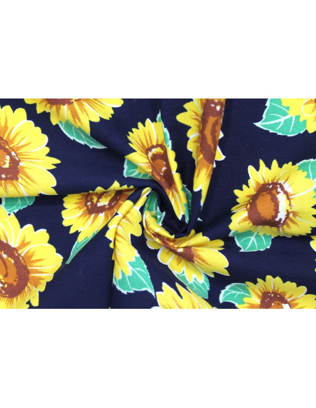 Tissu Popeline Coton Imprimé Tournesol Marine -Au Mètre