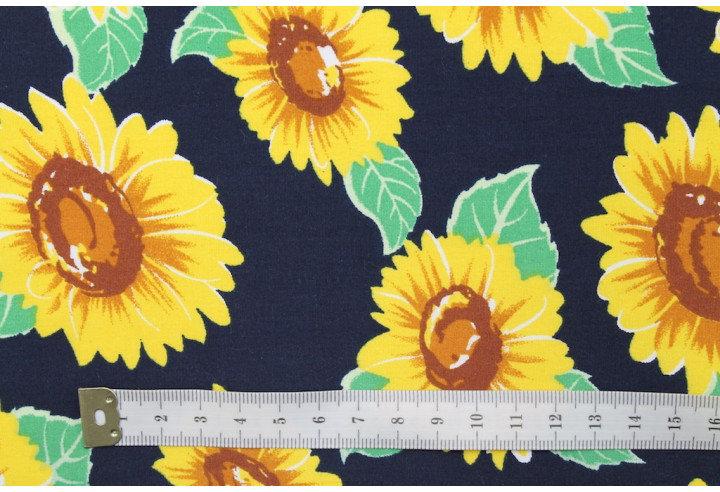 Tissu Popeline Coton Imprimé Tournesol Marine -Au Mètre