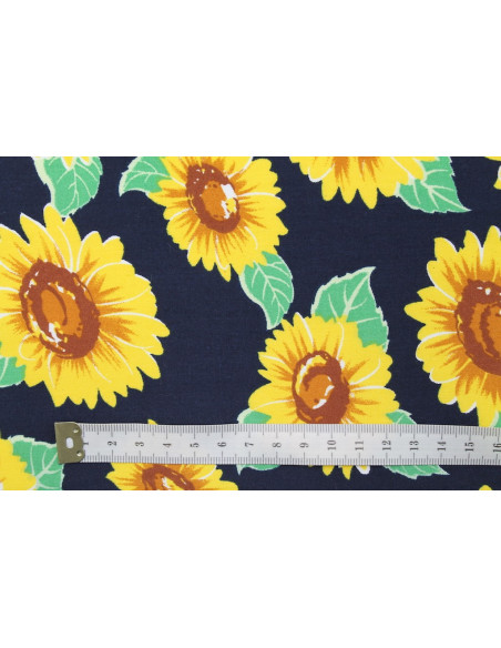Tissu Popeline Coton Imprimé Tournesol Marine -Au Mètre