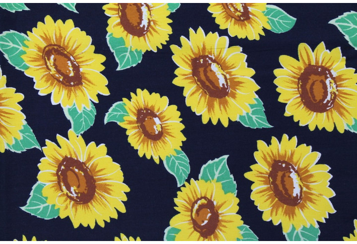 Tissu Popeline Coton Imprimé Tournesol Marine -Au Mètre
