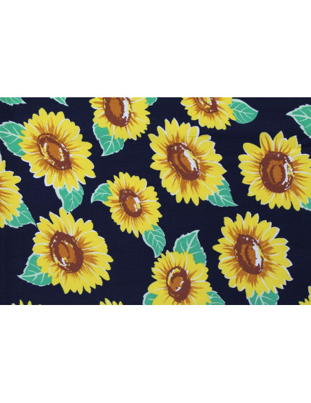 Tissu Popeline Coton Imprimé Tournesol Marine -Au Mètre