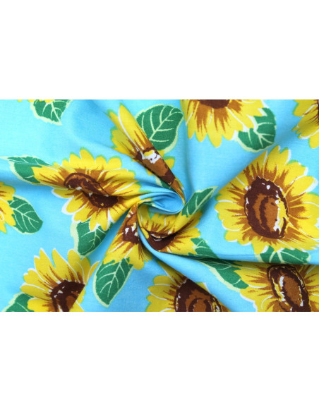 Tissu Popeline Coton Imprimé Tournesol Bleu -Au Mètre