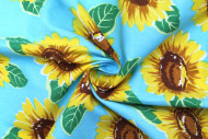 Tissu Popeline Coton Imprimé Tournesol Bleu -Au Mètre