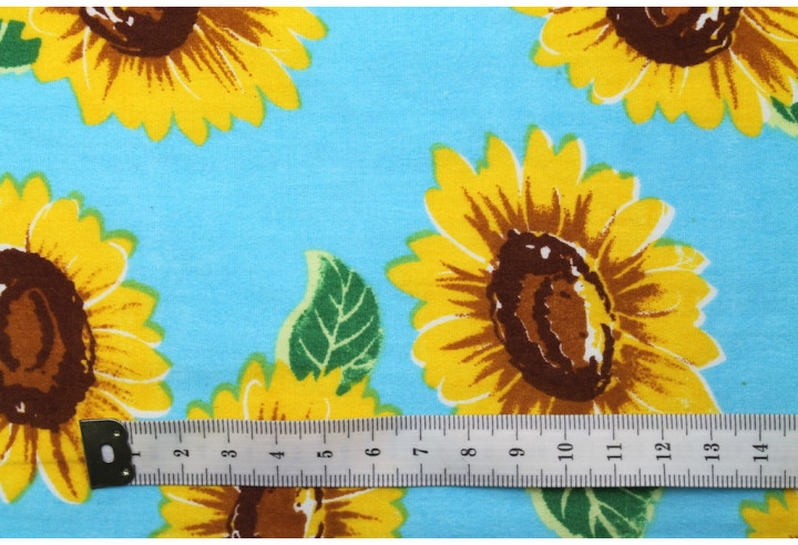 Tissu Popeline Coton Imprimé Tournesol Bleu -Au Mètre