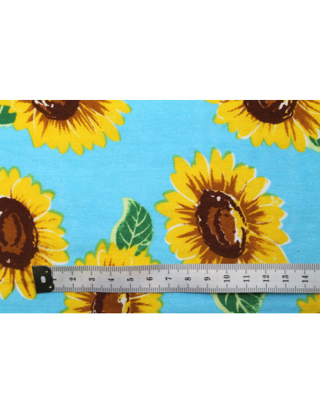 Tissu Popeline Coton Imprimé Tournesol Bleu -Au Mètre