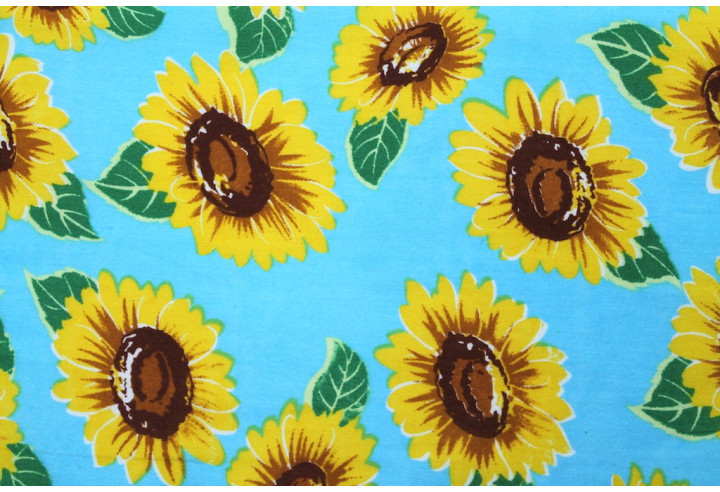 Tissu Popeline Coton Imprimé Tournesol Bleu -Au Mètre