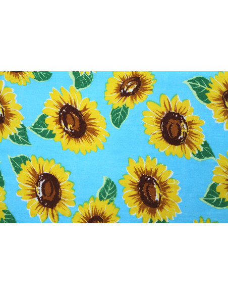 Tissu Popeline Coton Imprimé Tournesol Bleu -Au Mètre