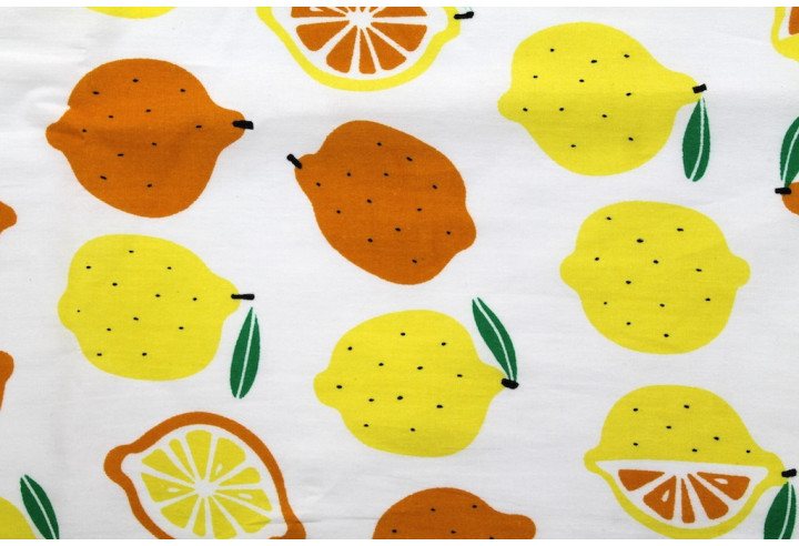 Tissu Popeline Coton Imprimé Citron Blanc -Au Mètre