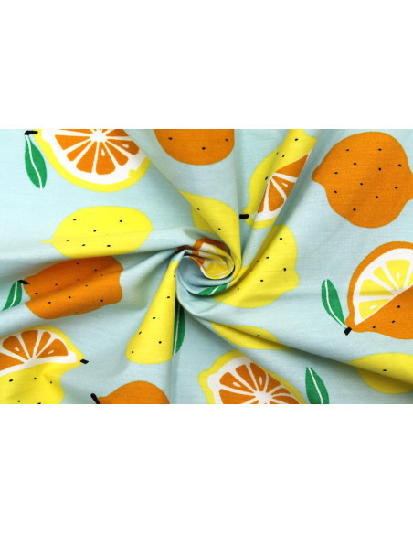 Tissu Popeline Coton Imprimé Citron Gris Bleu -Au Mètre