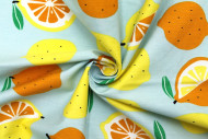 Tissu Popeline Coton Imprimé Citron Gris Bleu -Au Mètre