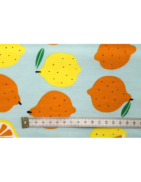 Tissu Popeline Coton Imprimé Citron Gris Bleu -Au Mètre