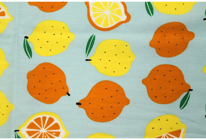 Tissu Popeline Coton Imprimé Citron Gris Bleu -Au Mètre
