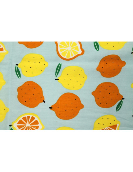 Tissu Popeline Coton Imprimé Citron Gris Bleu -Au Mètre