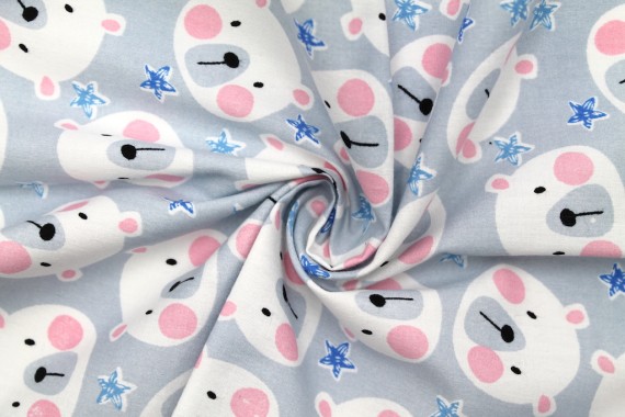 Tissu Popeline Coton Imprimé Panda Star Gris -Au Mètre