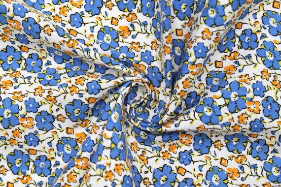 Tissu Popeline Coton Imprimé Fleur Achillée Bleu -Au Mètre