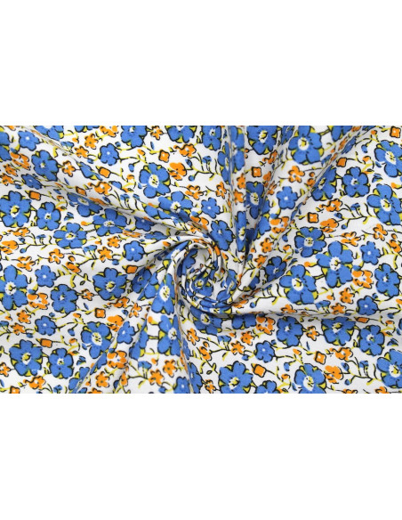 Tissu Popeline Coton Imprimé Fleur Achillée Bleu -Au Mètre