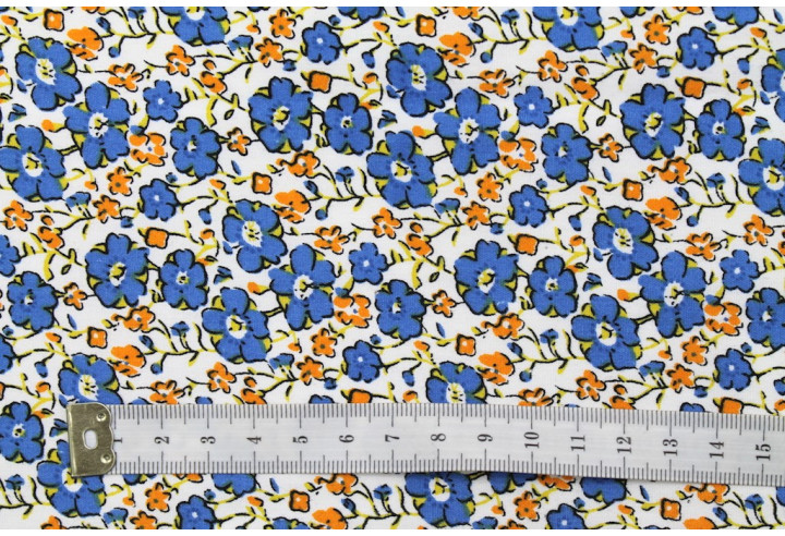 Tissu Popeline Coton Imprimé Fleur Achillée Bleu -Au Mètre