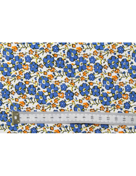 Tissu Popeline Coton Imprimé Fleur Achillée Bleu -Au Mètre