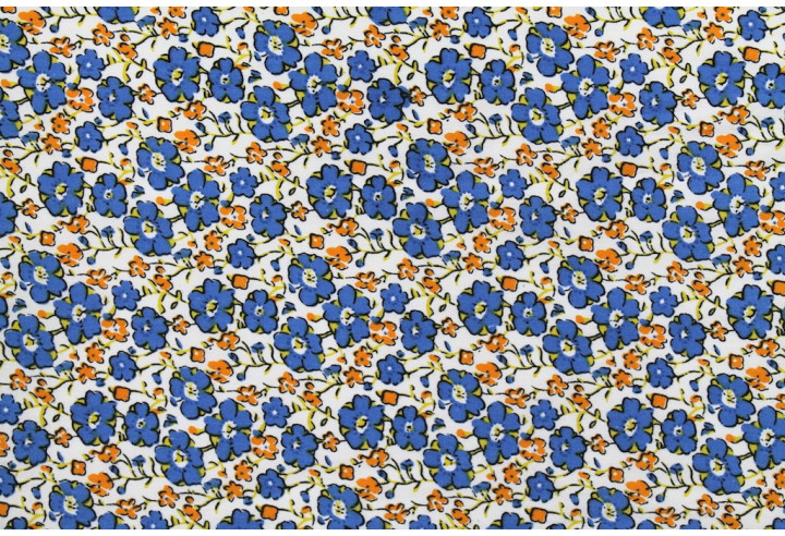 Tissu Popeline Coton Imprimé Fleur Achillée Bleu -Au Mètre