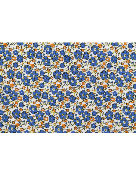 Tissu Popeline Coton Imprimé Fleur Achillée Bleu -Au Mètre