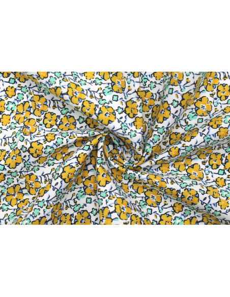 Tissu Popeline Coton Imprimé Fleur Achillée Moutarde -Au Mètre