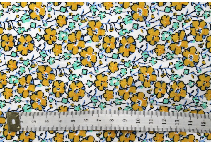 Tissu Popeline Coton Imprimé Fleur Achillée Moutarde -Au Mètre