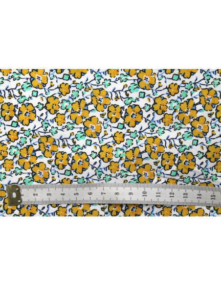 Tissu Popeline Coton Imprimé Fleur Achillée Moutarde -Au Mètre