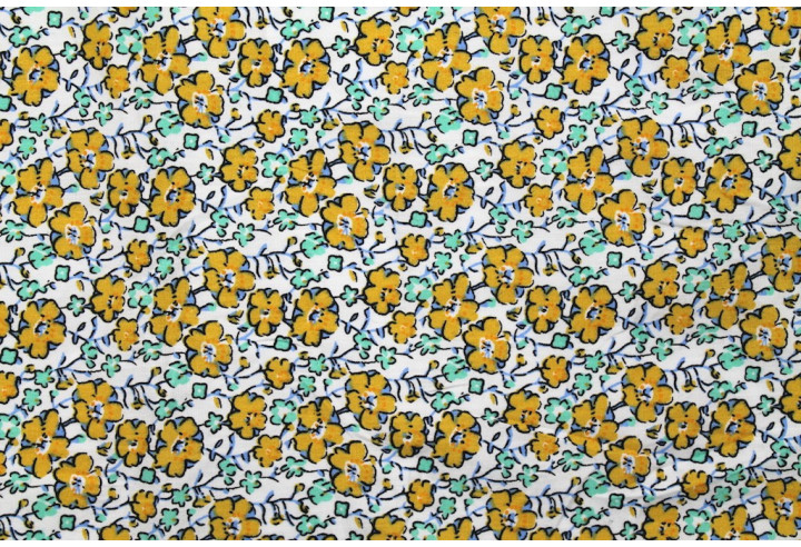 Tissu Popeline Coton Imprimé Fleur Achillée Moutarde -Au Mètre