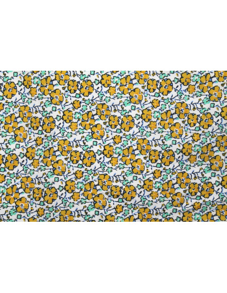 Tissu Popeline Coton Imprimé Fleur Achillée Moutarde -Au Mètre
