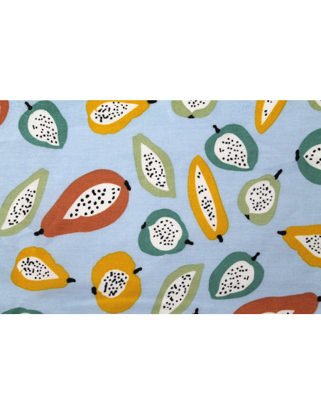 Tissu Popeline Coton Imprimé Poire Bleu -Au Mètre