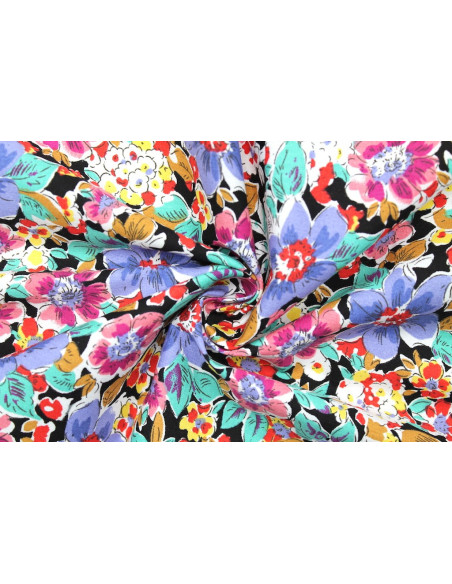 Tissu Popeline Coton Imprimé Fleur Clématite Violet -Au Mètre