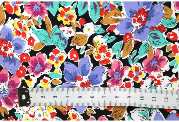 Tissu Popeline Coton Imprimé Fleur Clématite Violet -Au Mètre