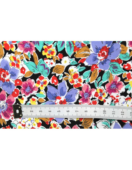 Tissu Popeline Coton Imprimé Fleur Clématite Violet -Au Mètre