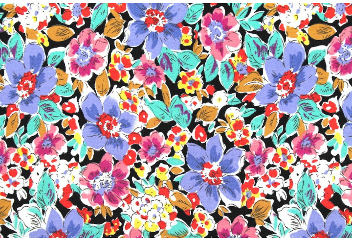 Tissu Popeline Coton Imprimé Fleur Clématite Violet -Au Mètre