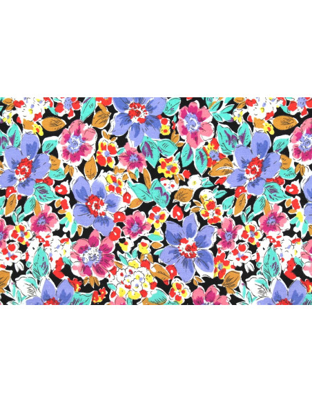 Tissu Popeline Coton Imprimé Fleur Clématite Violet -Au Mètre
