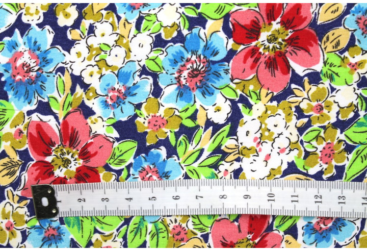 Tissu Popeline Coton Imprimé Fleur Clématite Rouge -Au Mètre