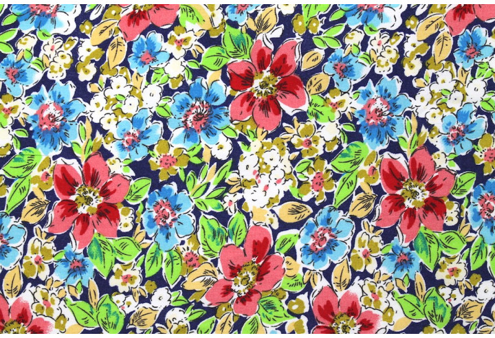 Tissu Popeline Coton Imprimé Fleur Clématite Rouge -Au Mètre