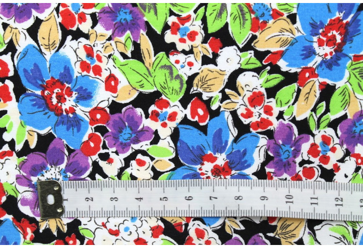 Tissu Popeline Coton Imprimé Fleur Clématite Bleu -Au Mètre