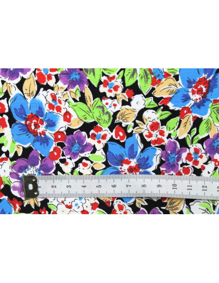 Tissu Popeline Coton Imprimé Fleur Clématite Bleu -Au Mètre