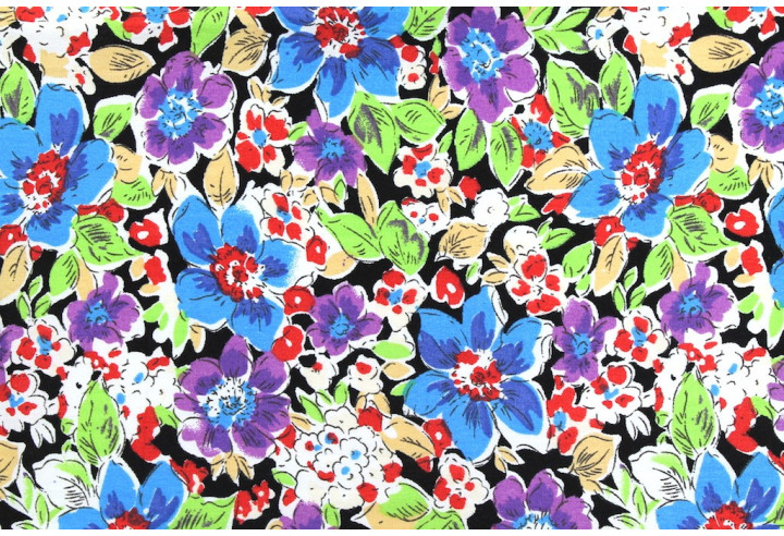 Tissu Popeline Coton Imprimé Fleur Clématite Bleu -Au Mètre