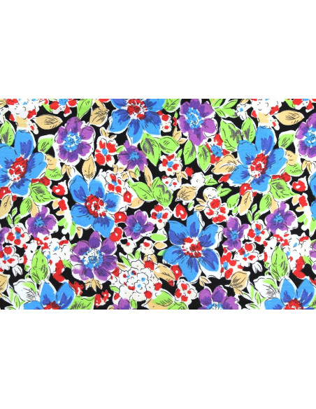 Tissu Popeline Coton Imprimé Fleur Clématite Bleu -Au Mètre