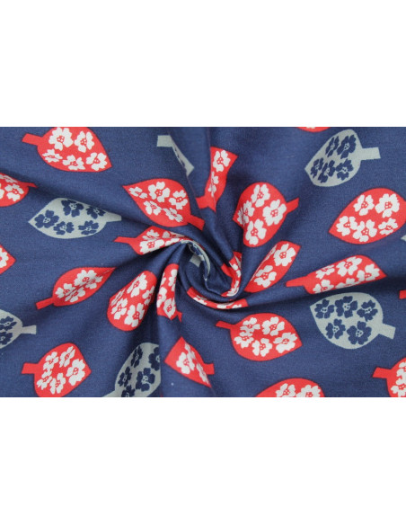 Tissu Popeline Coton Imprimé Feuille&Fleur Rouge/Gris -Au Mètre