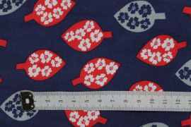 Tissu Popeline Coton Imprimé Feuille&Fleur Rouge/Gris -Au Mètre