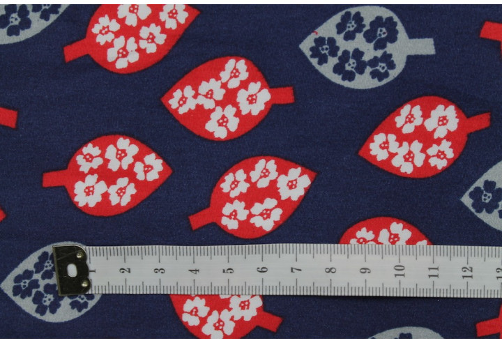 Tissu Popeline Coton Imprimé Feuille&Fleur Rouge/Gris -Au Mètre