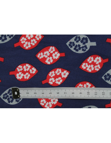 Tissu Popeline Coton Imprimé Feuille&Fleur Rouge/Gris -Au Mètre