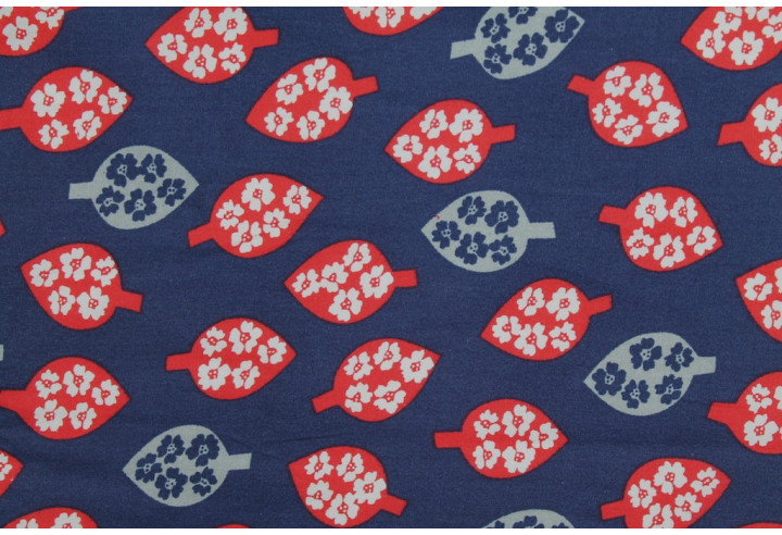 Tissu Popeline Coton Imprimé Feuille&Fleur Rouge/Gris -Au Mètre