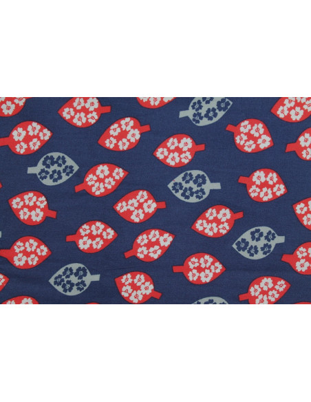 Tissu Popeline Coton Imprimé Feuille&Fleur Rouge/Gris -Au Mètre